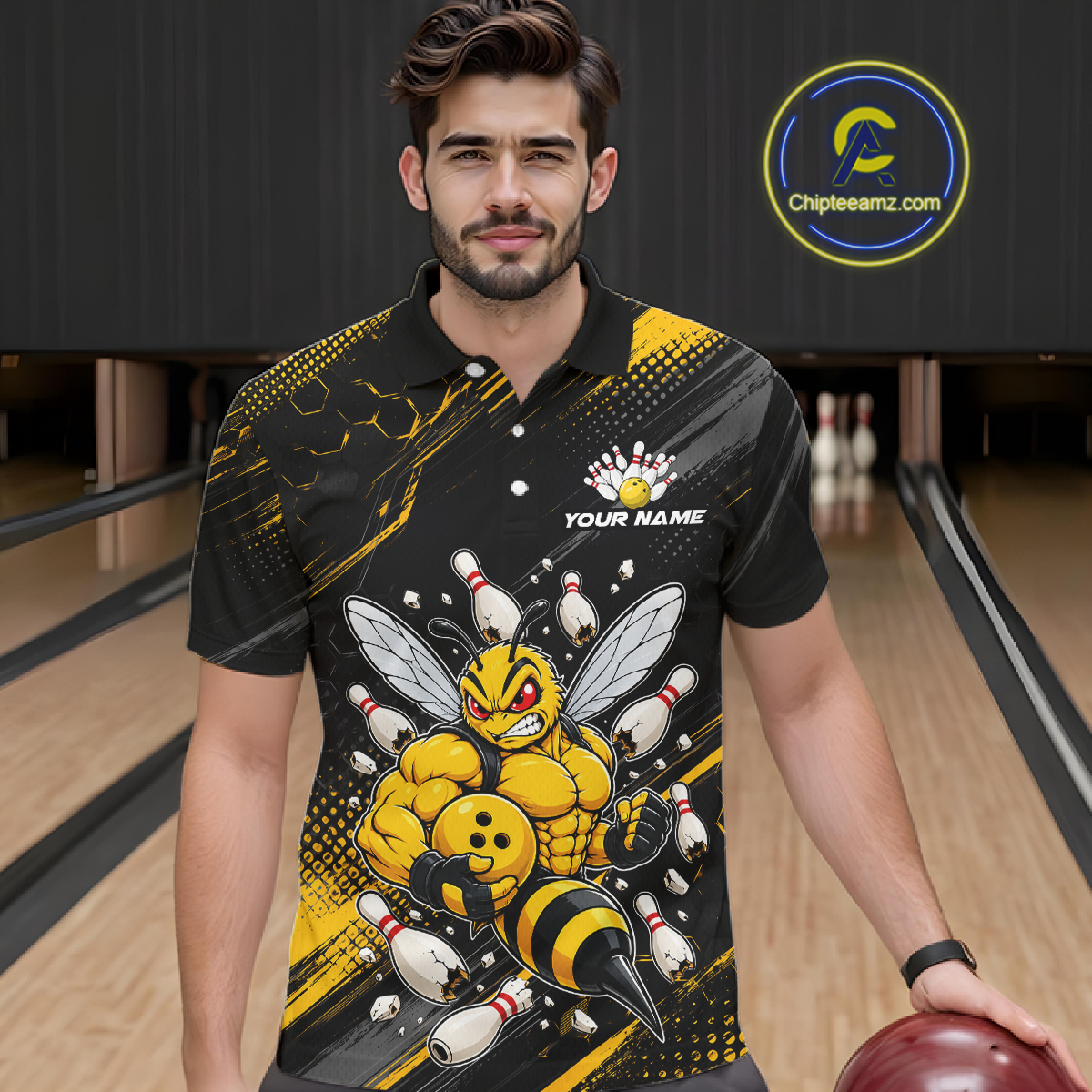Man wearing bowling polo shirt featuring a muscular bee holding a bowling ball surrounded by pins on black yellow background.