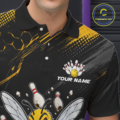 Bowling shirt featuring a muscular bee holding a bowling ball surrounded by pins on black yellow background.