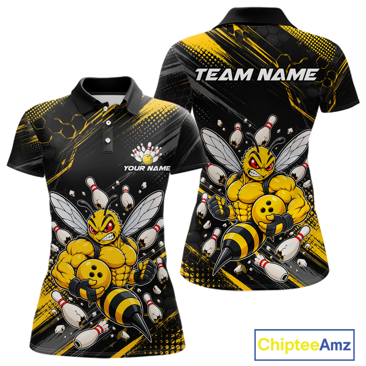Front and back bowling polo shirt featuring a muscular bee holding a bowling ball surrounded by pins on black yellow background.