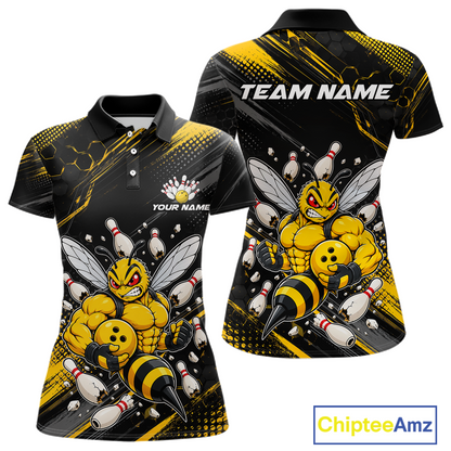 Front and back bowling polo shirt featuring a muscular bee holding a bowling ball surrounded by pins on black yellow background.