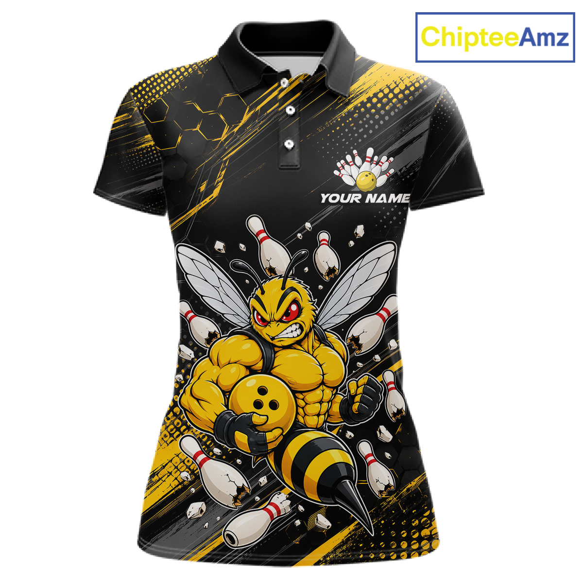 Front bowling polo shirt featuring a muscular bee holding a bowling ball surrounded by pins on black yellow background.