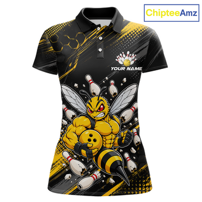 Front bowling polo shirt featuring a muscular bee holding a bowling ball surrounded by pins on black yellow background.