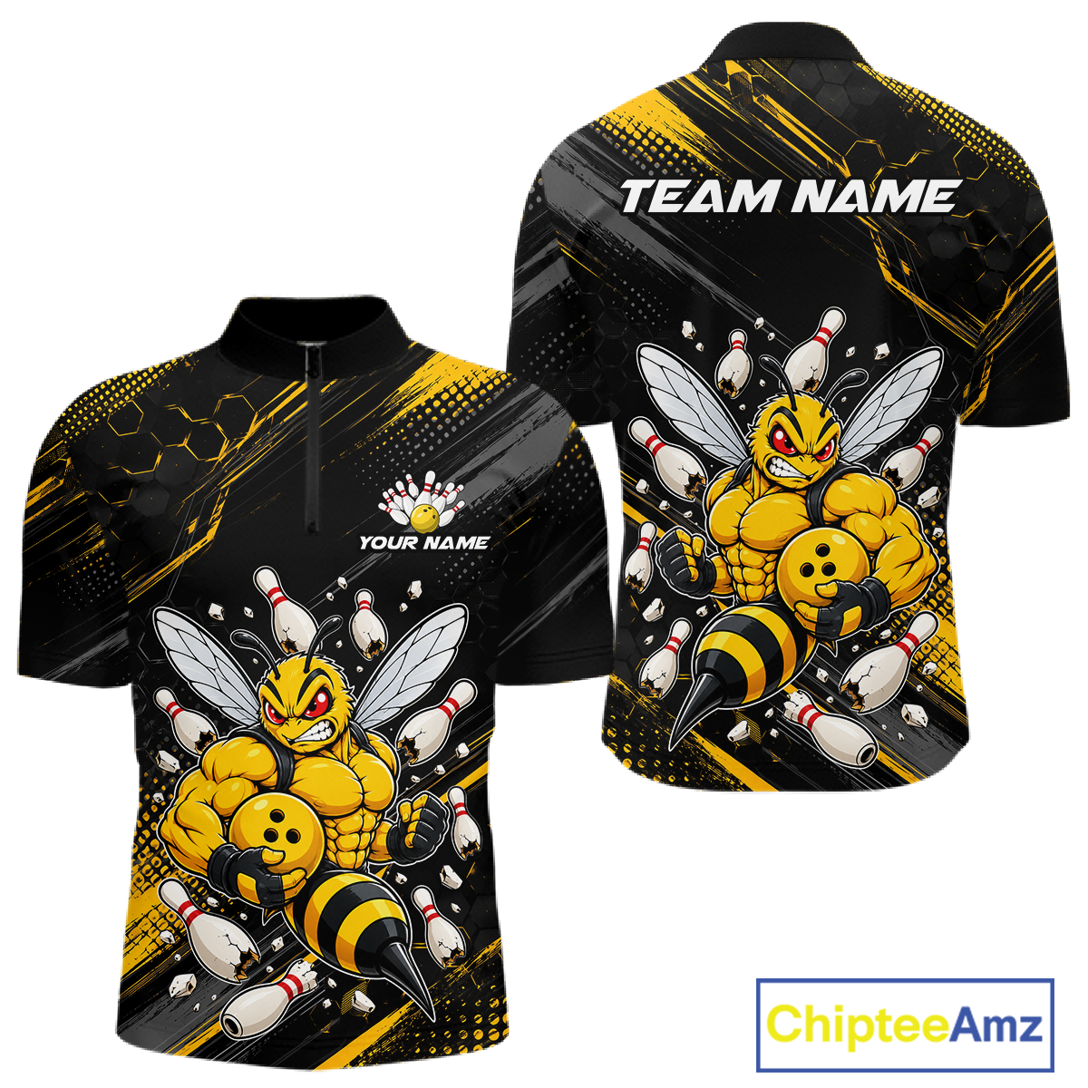 Front and back bowling quarter zip shirt featuring a muscular bee holding a bowling ball surrounded by pins on black yellow background.