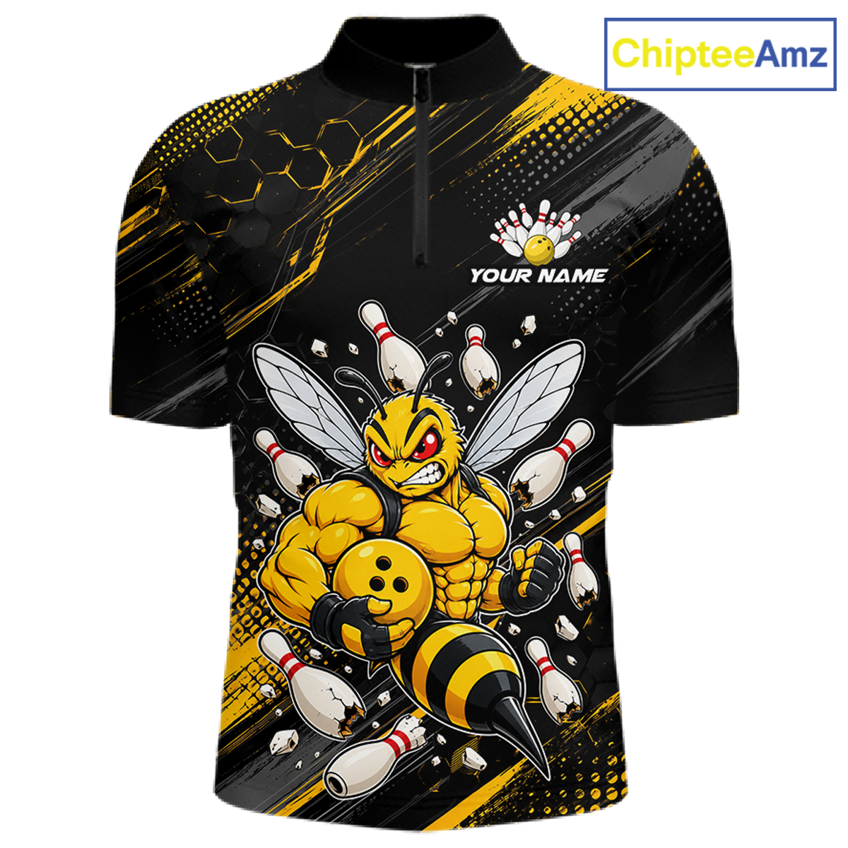 Front bowling quarter zip shirt featuring a muscular bee holding a bowling ball surrounded by pins on black yellow background.