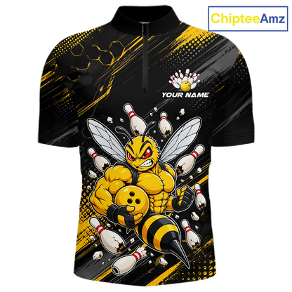 Front bowling quarter zip shirt featuring a muscular bee holding a bowling ball surrounded by pins on black yellow background.