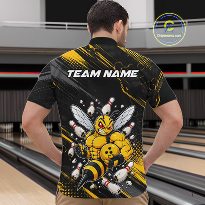 Man wearing bowling quarter zip shirt featuring a muscular bee holding a bowling ball surrounded by pins on black yellow background.