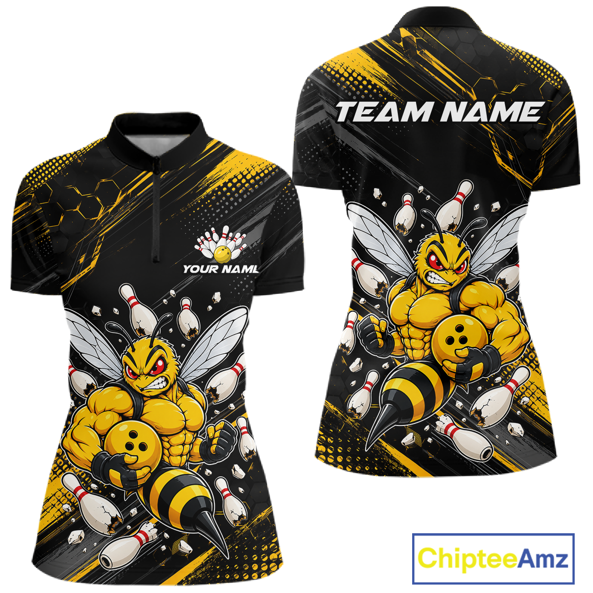 Front and back bowling quarter zip shirt featuring a muscular bee holding a bowling ball surrounded by pins on black yellow background.