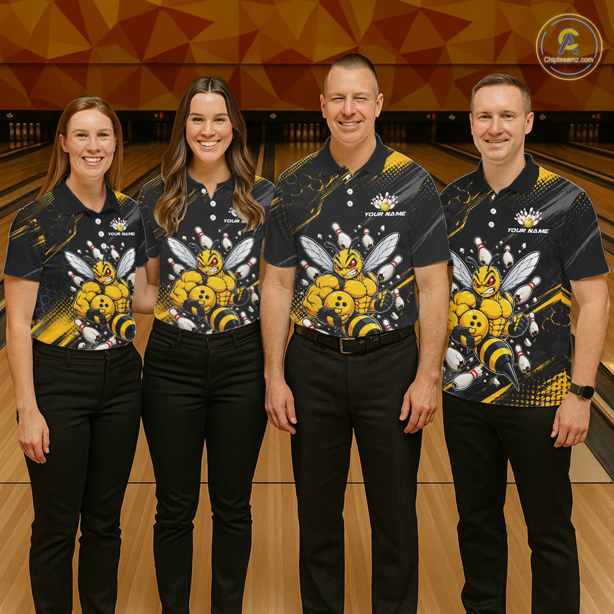 Four people wearing bowling polo shirt featuring a muscular bee holding a bowling ball surrounded by pins on black yellow background.
