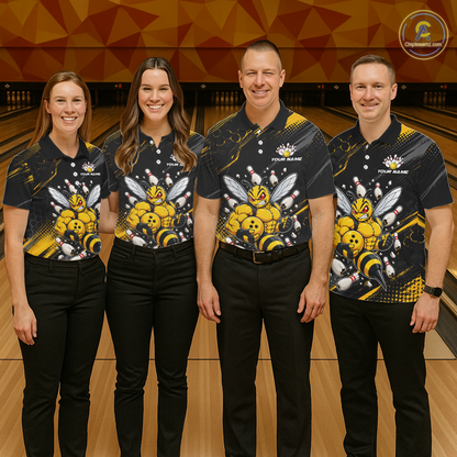 Four people wearing bowling polo shirt featuring a muscular bee holding a bowling ball surrounded by pins on black yellow background.