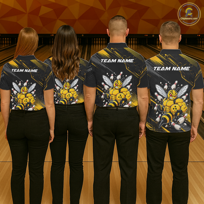 Four people wearing bowling polo shirt featuring a muscular bee holding a bowling ball surrounded by pins on black yellow background.