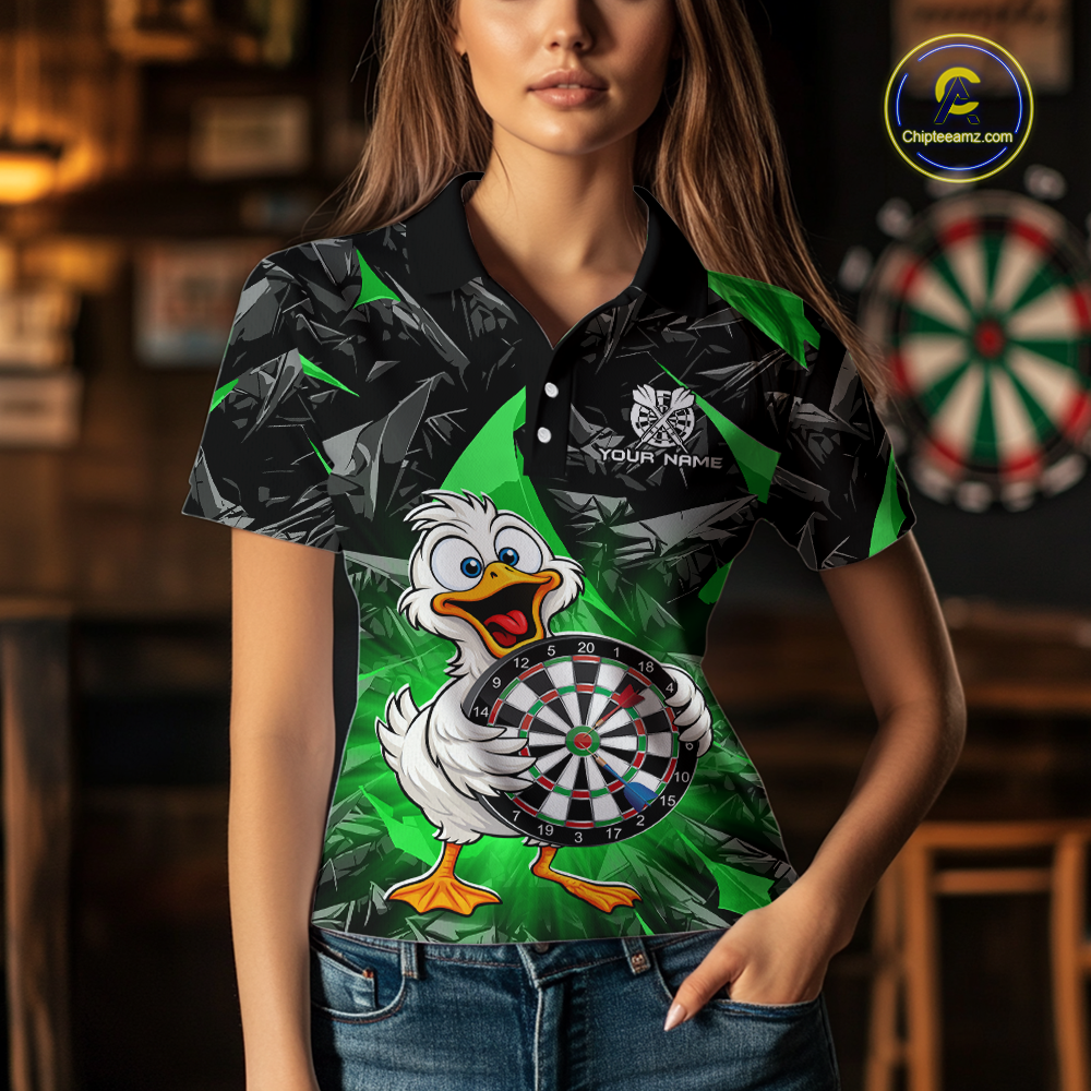 Custom Green Duck Funny Dart Shirt Dart Team Jersey for Women Dartboard Polo & 1/4Zip NNT167
