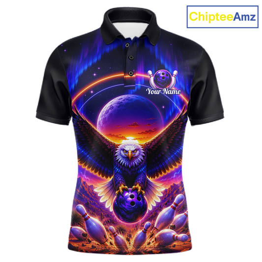 Front views of a black bowling polo with a eagle, glowing planet backdrop, bowling pins, and custom player name text.