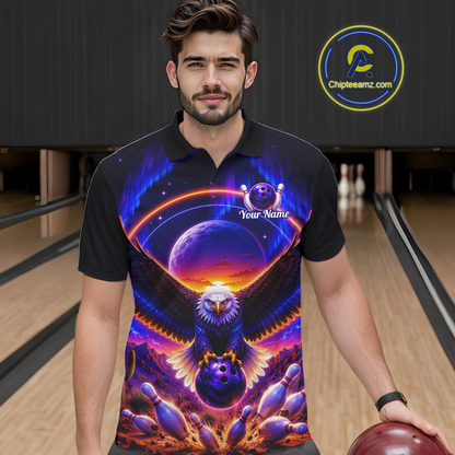 Man wearing a black bowling polo with a eagle, glowing planet backdrop, bowling pins, and custom player name text.