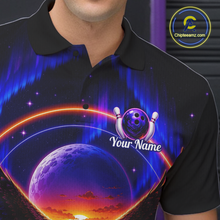 Load image into Gallery viewer, Man wearing a black bowling quarter zip with a eagle, glowing planet backdrop, bowling pins, and custom player name text.