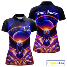 Load image into Gallery viewer, Front and back views of a black bowling polo with a eagle, glowing planet backdrop, bowling pins, and custom team and player name text.