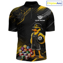 Load image into Gallery viewer, Front billiards quarter zip shirt featuring a duck holding an eight ball with colorful pool balls arranged on a black yellow background.