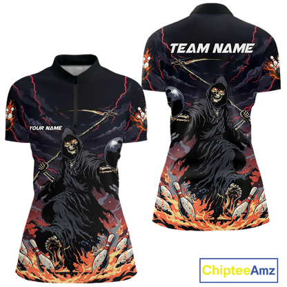 Custom Grim Reaper Flame Bowling Jersey for Women Bowling Team Shirts Polo & 1/4 Zip HNT193