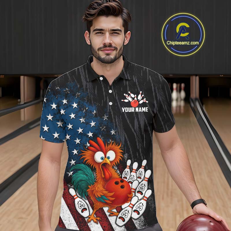 Custom American Flag Funny Chicken Bowling Jersey for Men Bowling Team Shirts Polo & 1/4 Zip HNT475