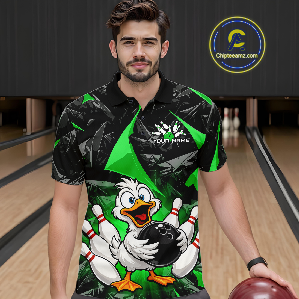 Custom Green Funny Duck Bowling Jersey for Men Bowling League Bowling Team Shirts Polo & 1/4 Zip HN233