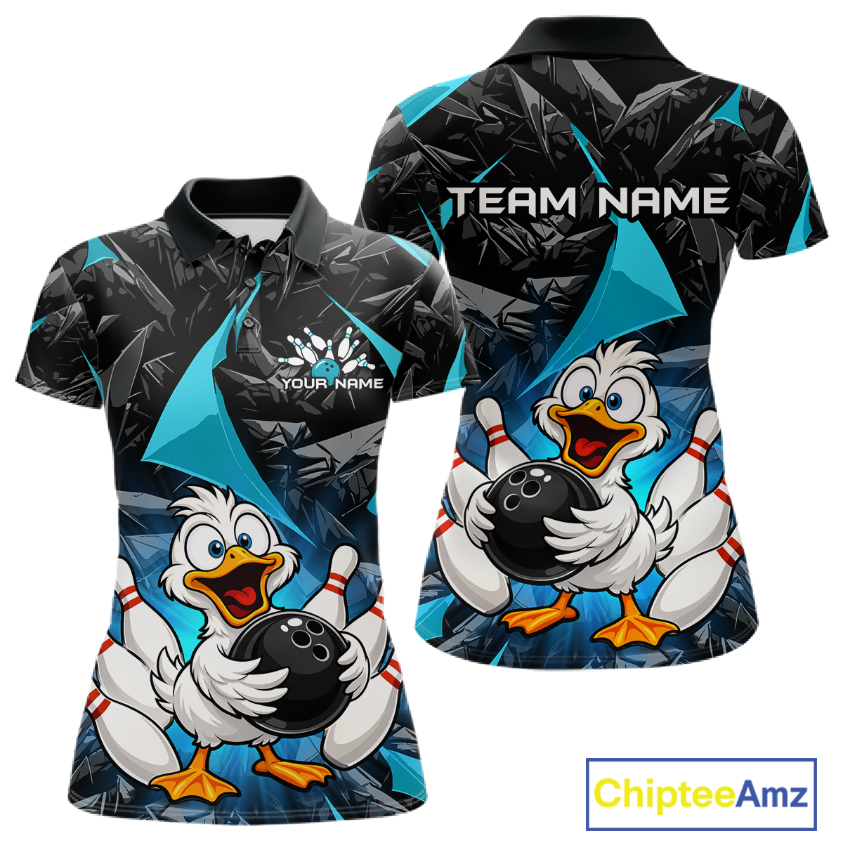 Custom Turquoise Funny Duck Bowling Jersey for Women Bowling League Bowling Team Shirts Polo & 1/4 Zip HN233