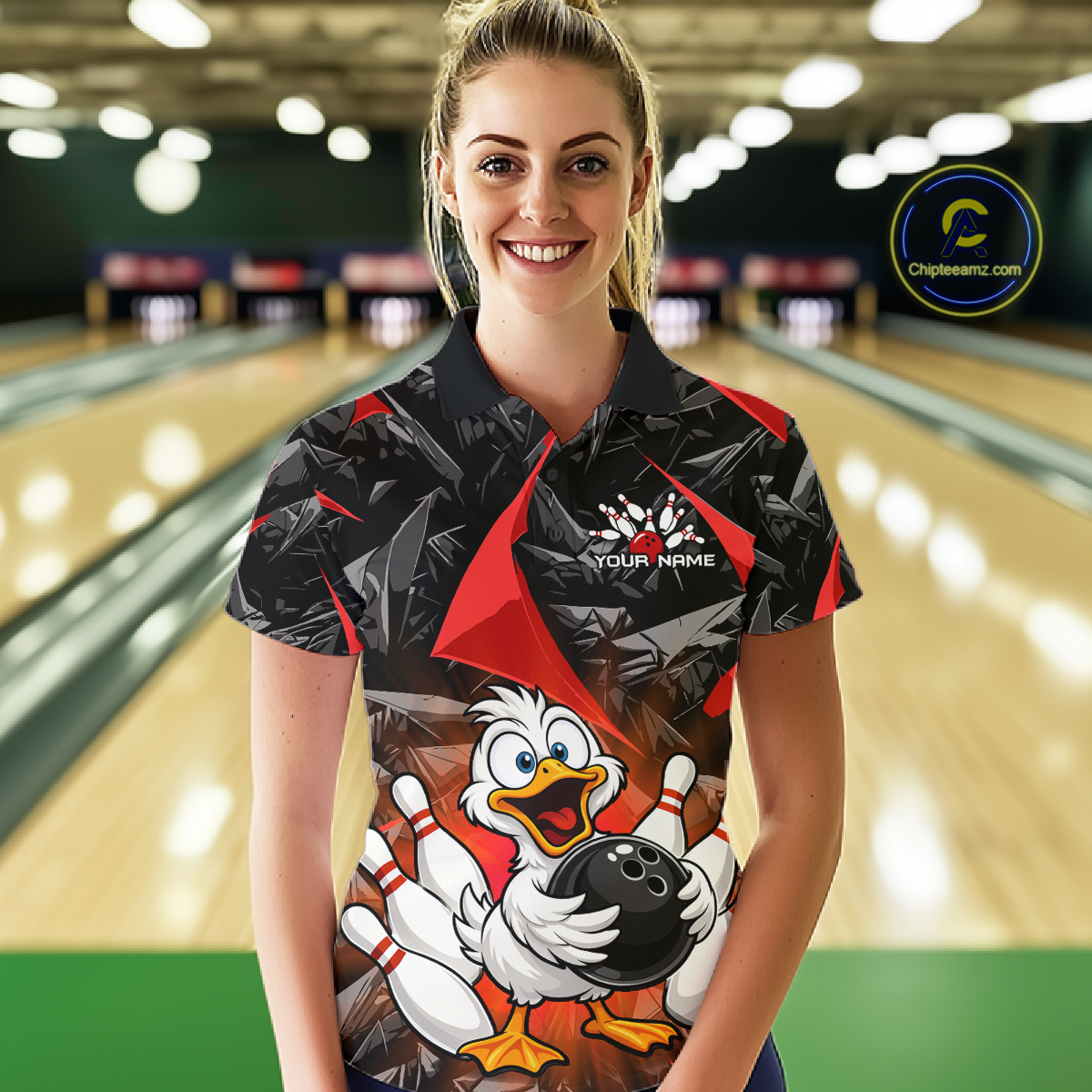 Custom Red Funny Duck Bowling Jersey for Women Bowling League Bowling Team Shirts Polo & 1/4 Zip HN233