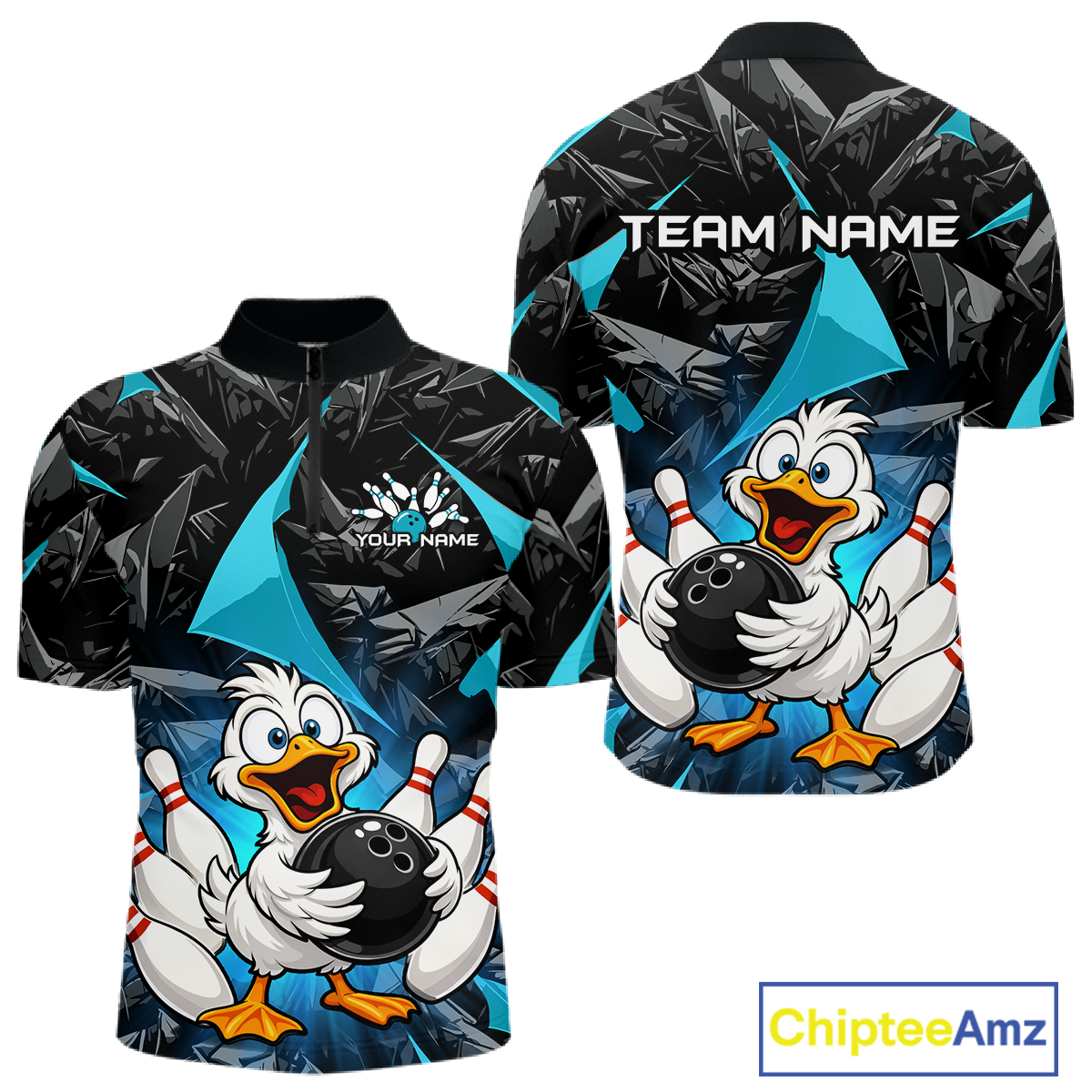 Custom Turquoise Funny Duck Bowling Jersey for Men Bowling League Bowling Team Shirts Polo & 1/4 Zip HN233
