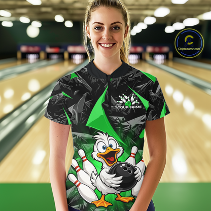 Custom Green Funny Duck Bowling Jersey for Women Bowling League Bowling Team Shirts Polo & 1/4 Zip HN233