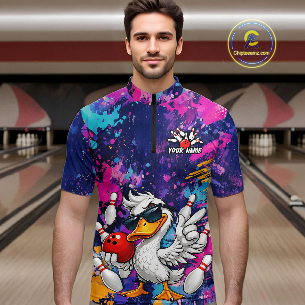Custom Graffiti Funny Duck Bowling Jersey for Men Bowling League Bowling Team Shirts Polo & 1/4 Zip HN234
