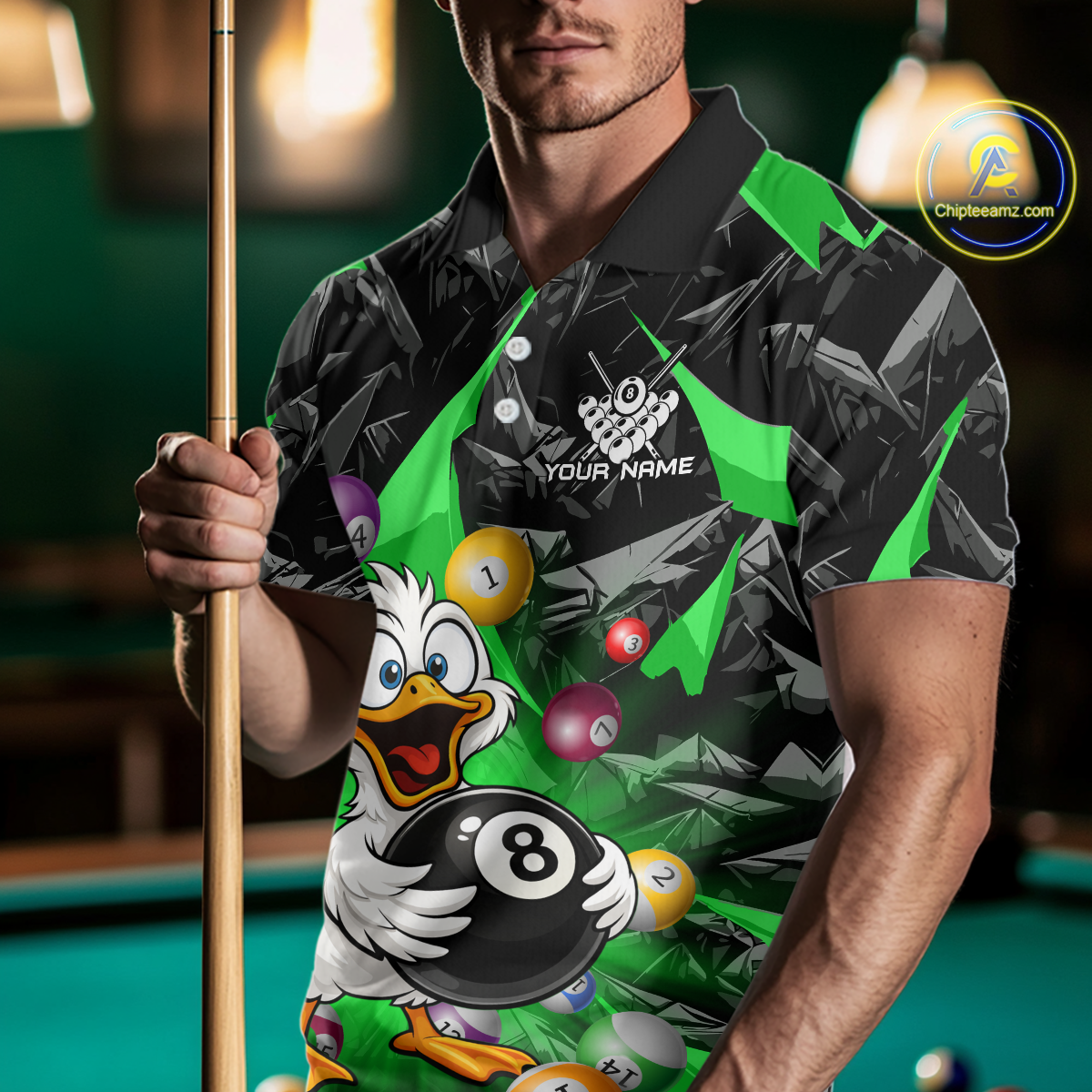 Custom Green Funny Duck 8 Ball Pool Shirts Billiard Shirt for Men Billiard Team Jersey League NNT172