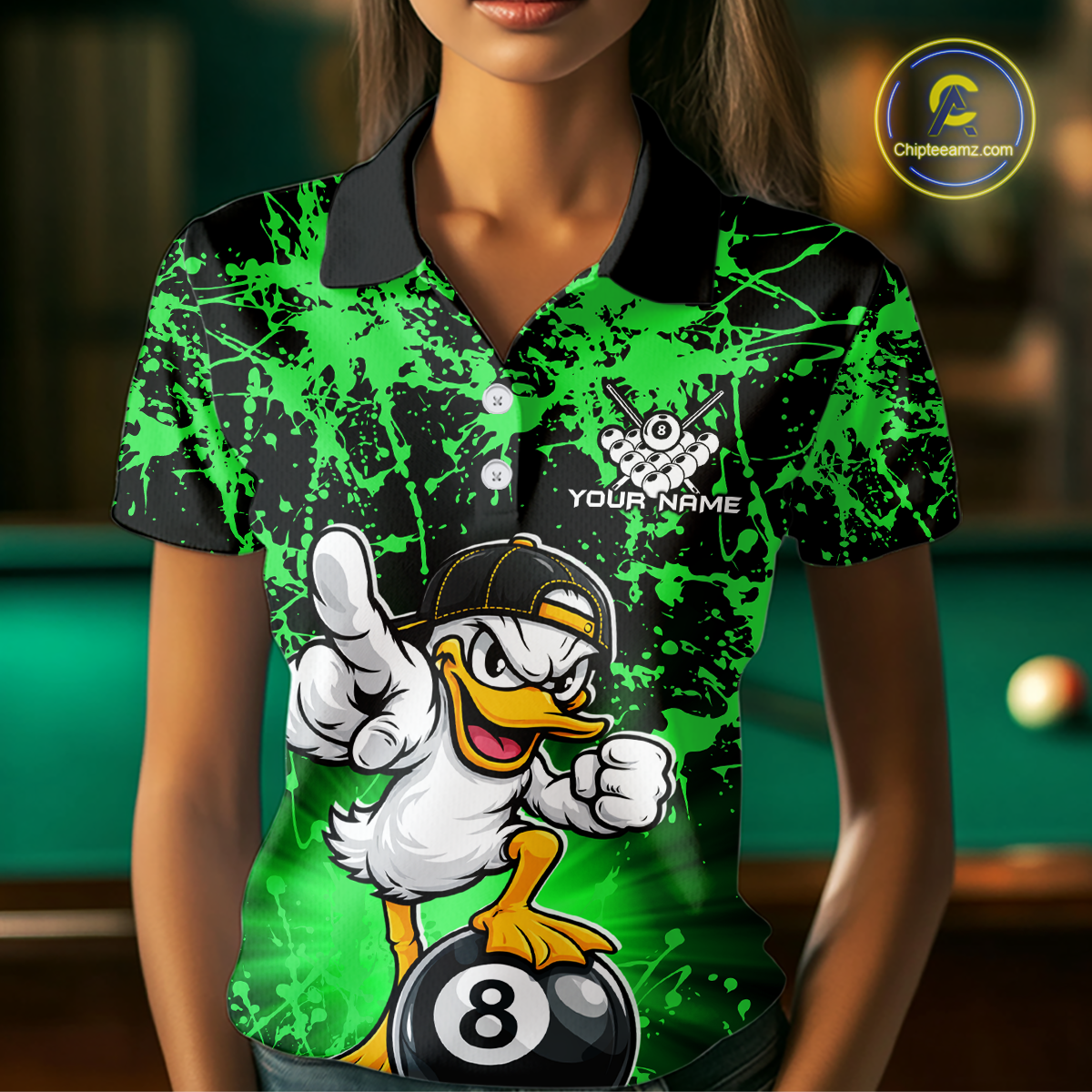 Custom Green Funny Duck Billiard Shirt for Women Billiard Team Jersey League 8 Ball Pool Shirts NNT171