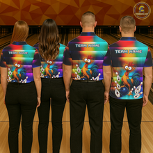 Load image into Gallery viewer, Four people wearing colorful bowling quarter zip featuring a shocked rooster chicken, blue bowling ball, surprised pins, and custom team name text.