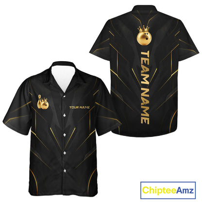 Front and back view personalized bowling hawaiin shirt with a crowned bowling ball accent paired with gold line patterns across a black layout.