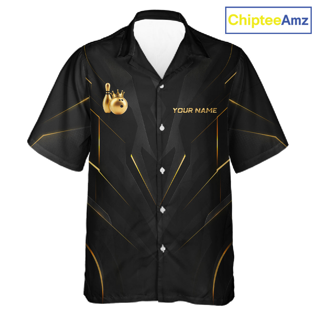 Front view personalized bowling hawaiin shirt with a crowned bowling ball accent paired with gold line patterns across a black layout.