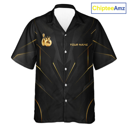 Front view personalized bowling hawaiin shirt with a crowned bowling ball accent paired with gold line patterns across a black layout.