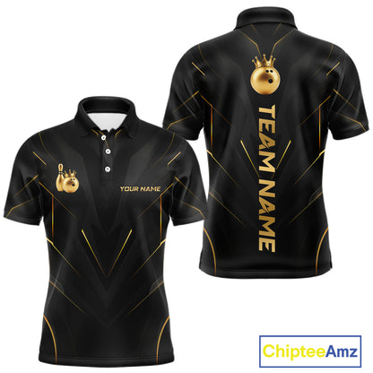 Front and back view personalized bowling polo shirt with a crowned bowling ball accent paired with gold line patterns across a black layout.