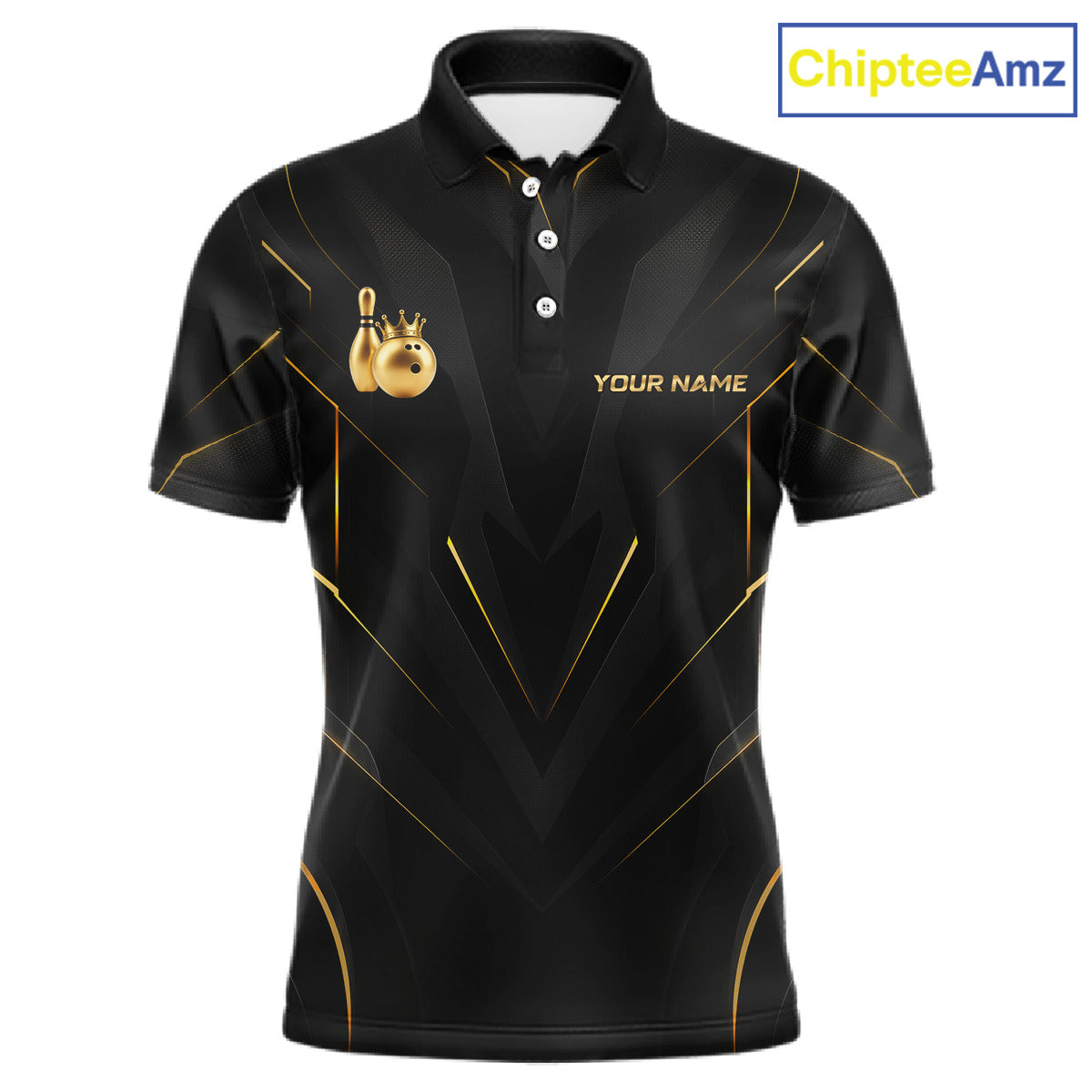 Front view personalized bowling polo shirt with a crowned bowling ball accent paired with gold line patterns across a black layout.