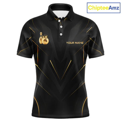 Front view personalized bowling polo shirt with a crowned bowling ball accent paired with gold line patterns across a black layout.