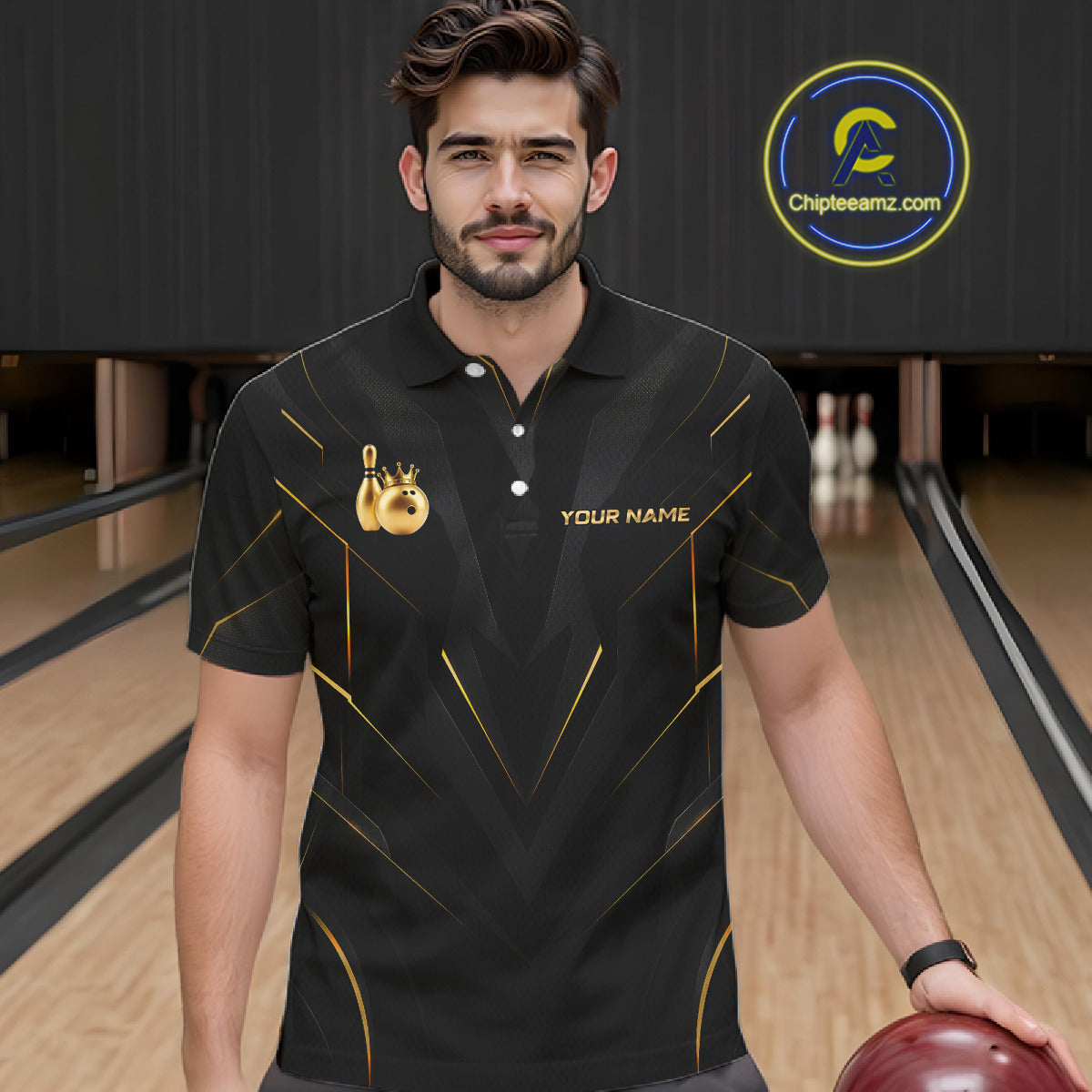 Men wearing personalized bowling polo shirt with a crowned bowling ball accent paired with gold line patterns across a black layout.