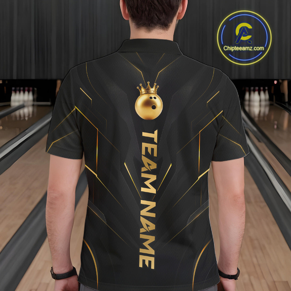 Men wearing personalized bowling polo shirt with a crowned bowling ball accent paired with gold line patterns across a black layout.