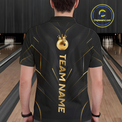 Men wearing personalized bowling polo shirt with a crowned bowling ball accent paired with gold line patterns across a black layout.