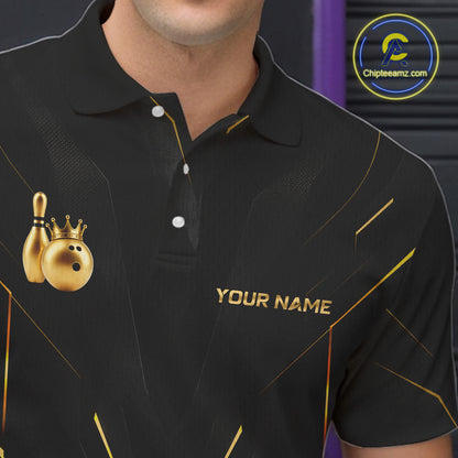 Personalized bowling polo shirt with a crowned bowling ball accent paired with gold line patterns across a black layout.