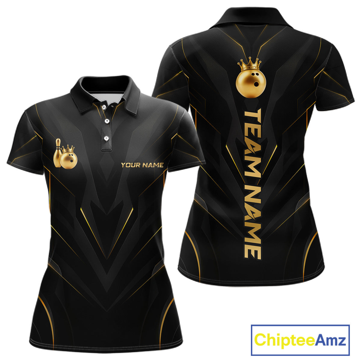 Front and back view personalized bowling polo shirt with a crowned bowling ball accent paired with gold line patterns across a black layout.