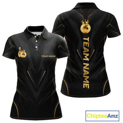 Front and back view personalized bowling polo shirt with a crowned bowling ball accent paired with gold line patterns across a black layout.