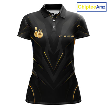 Front view personalized bowling polo shirt with a crowned bowling ball accent paired with gold line patterns across a black layout.