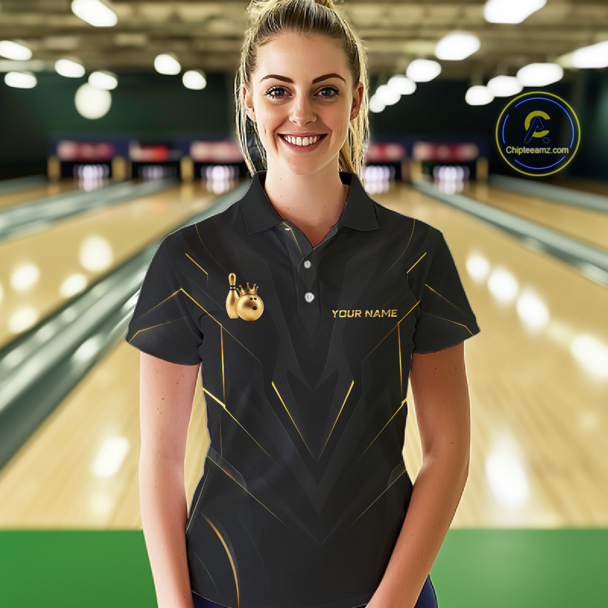 Women wearing personalized bowling polo shirt with a crowned bowling ball accent paired with gold line patterns across a black layout.