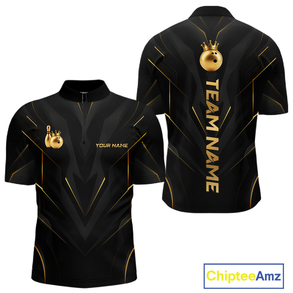 Front and back view personalized bowling quarter zip shirt with a crowned bowling ball accent paired with gold line patterns across a black layout.