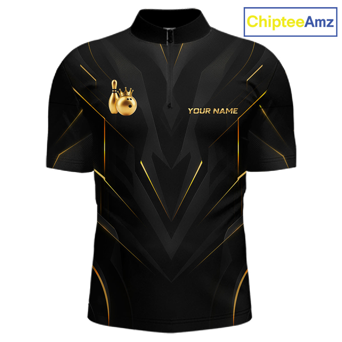 Front view personalized bowling quarter zip shirt with a crowned bowling ball accent paired with gold line patterns across a black layout.