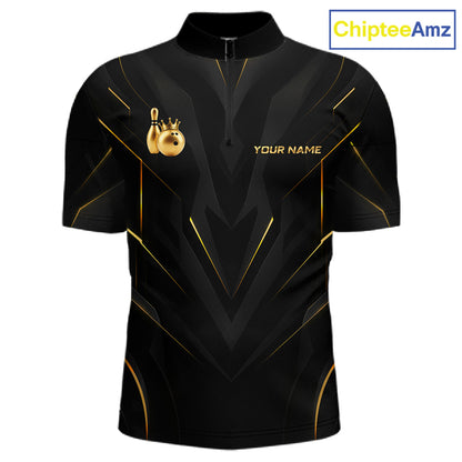 Front view personalized bowling quarter zip shirt with a crowned bowling ball accent paired with gold line patterns across a black layout.