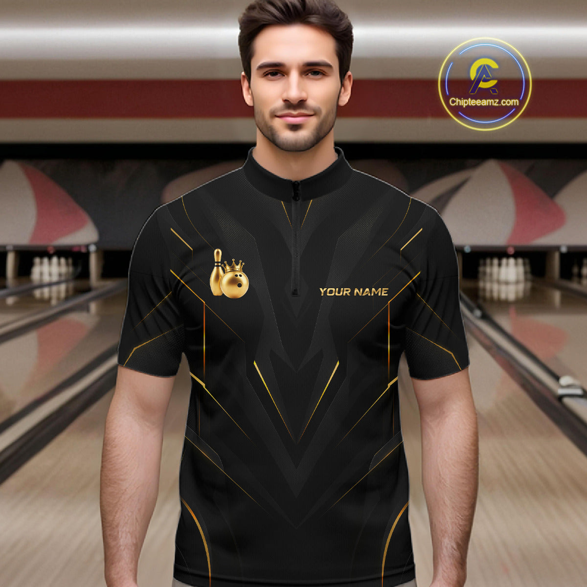 Men wearing personalized bowling quarter zip shirt with a crowned bowling ball accent paired with gold line patterns across a black layout.