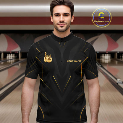 Men wearing personalized bowling quarter zip shirt with a crowned bowling ball accent paired with gold line patterns across a black layout.